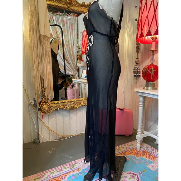 vintage 1930s sheer black bias cut nightgown hearts and bow m/l boudior pin up - Picture 8 of 11